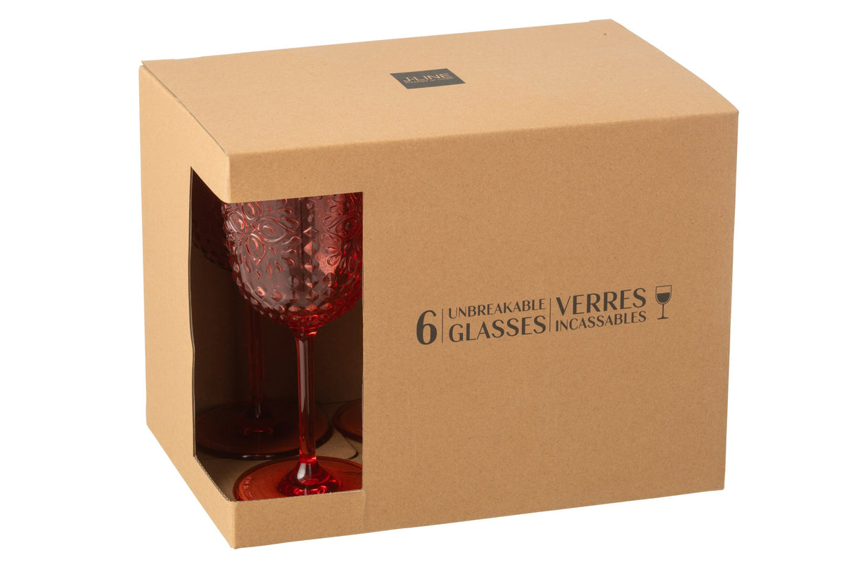 J-Line Verres à vin 41,4 cl en plastique rouges – 6 pièces