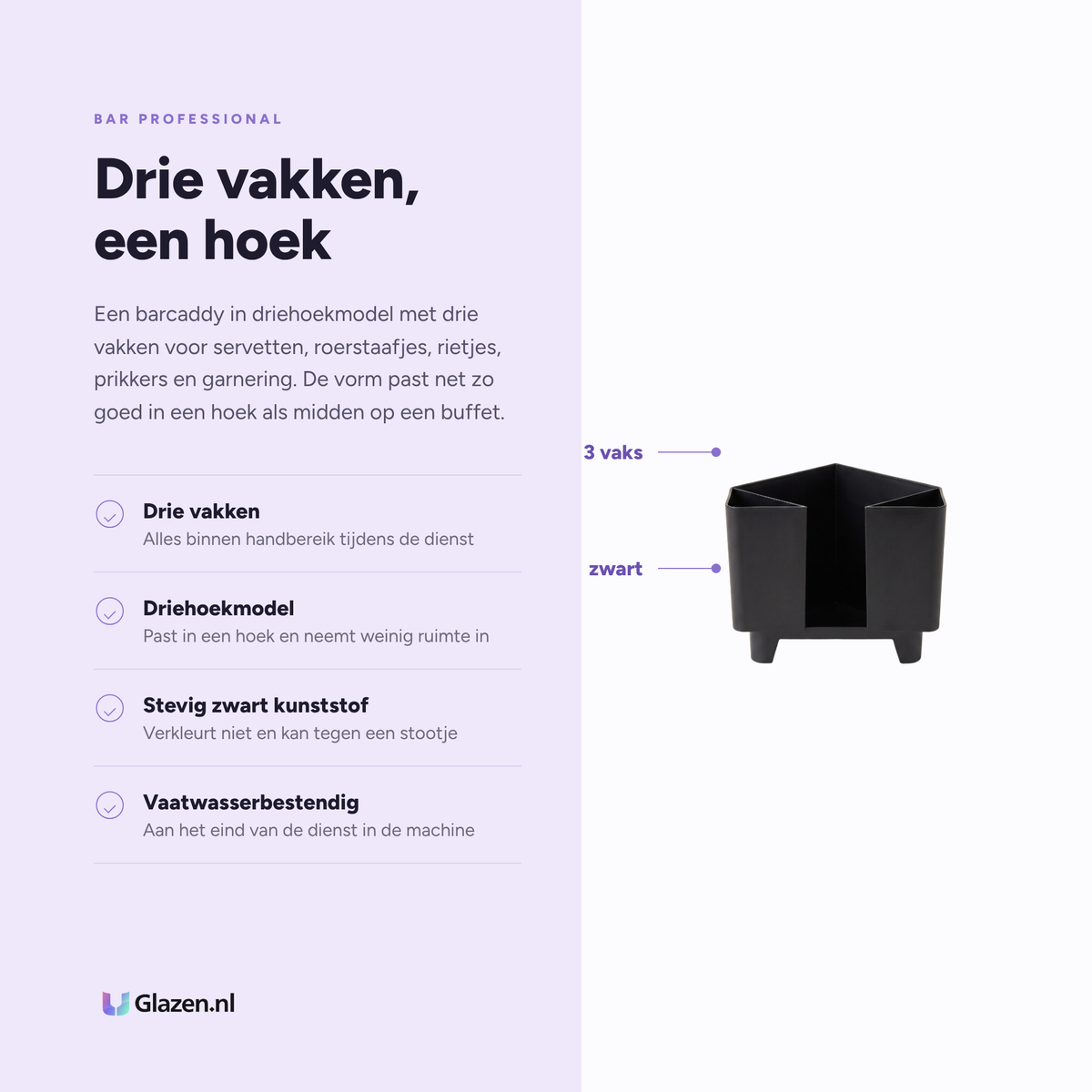 Bar Professional barcaddy driehoek zwart 3-vaks eigenschappen - Glazen.nl