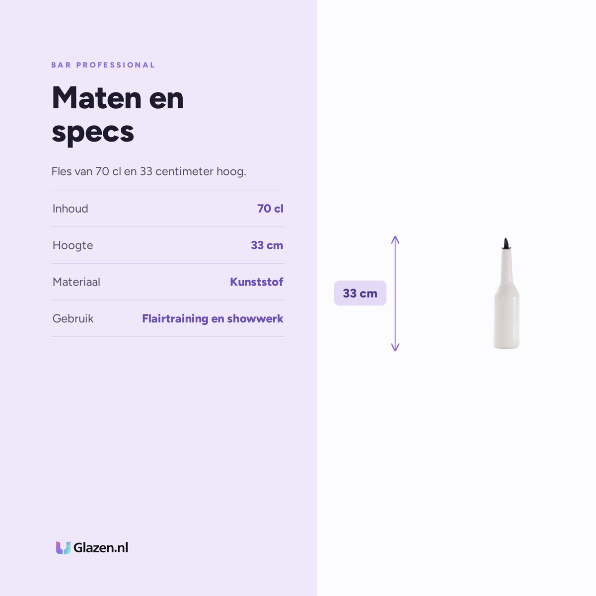 Maten en specificaties van de witte flair trainingsfles van 70 cl van Bar Professional
