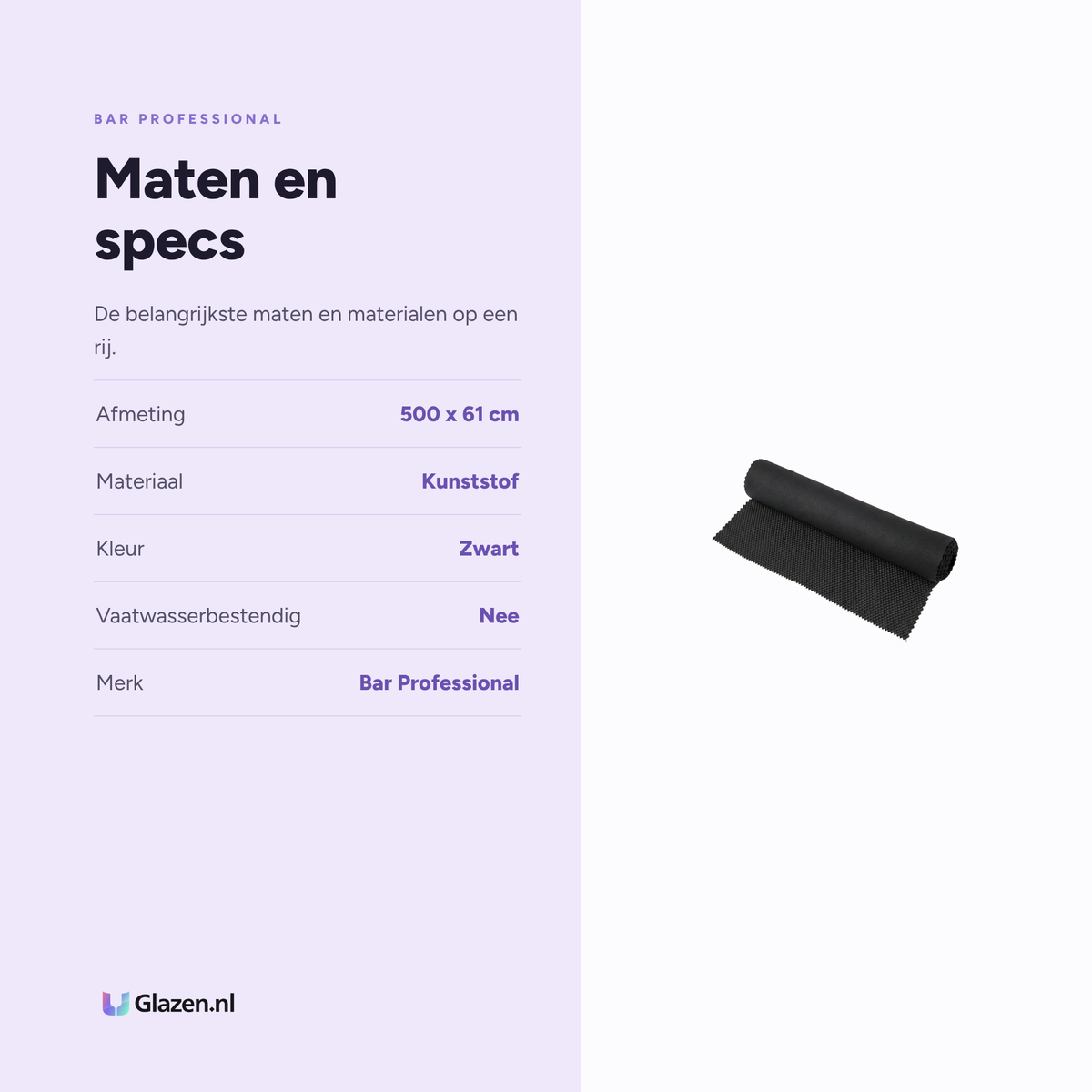 Maten en specificaties van de Bar Professional Glasmattenrol Zwart 500 x 61 cm