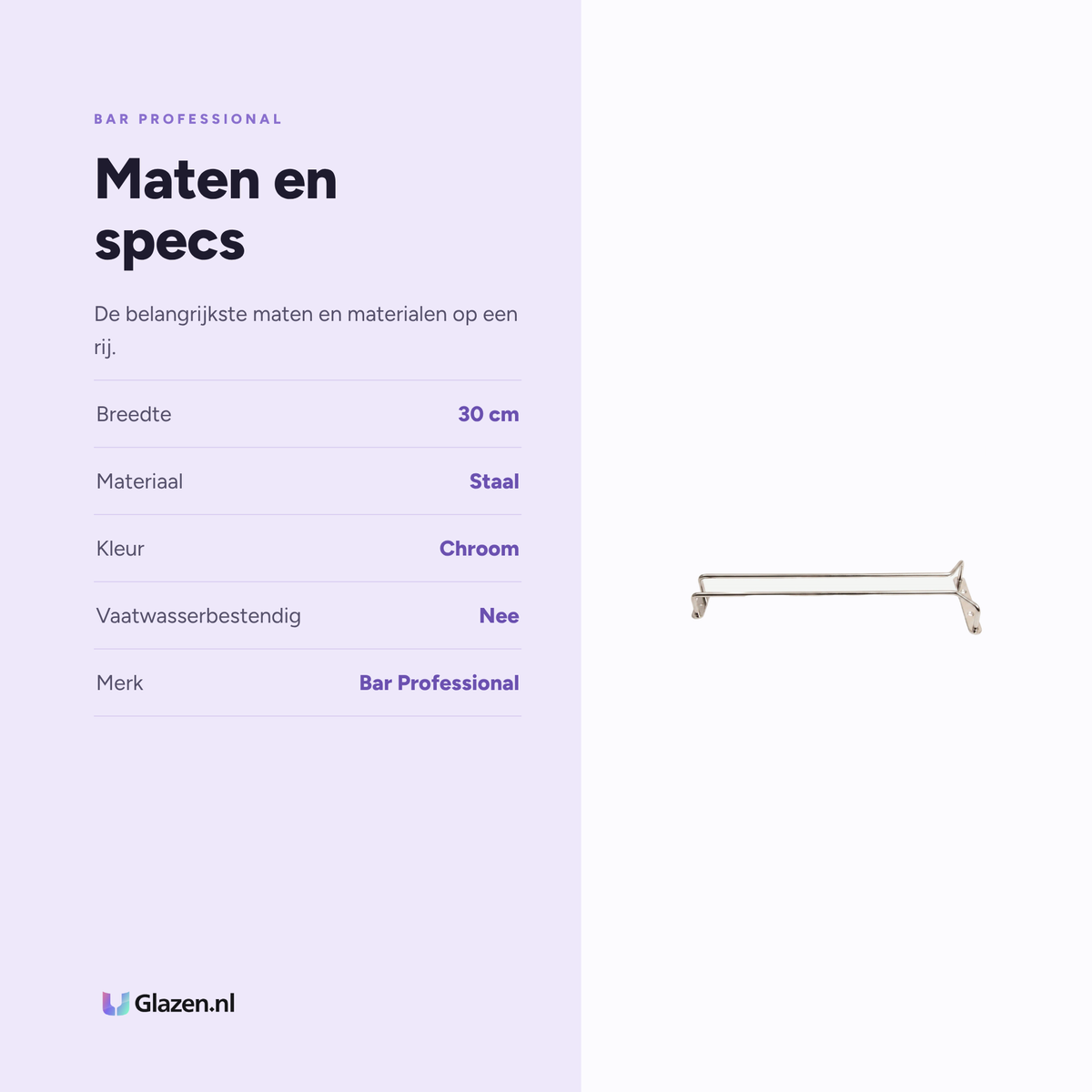 Maten en specificaties van de Bar Professional Glazenrek Chroom 30 Cm