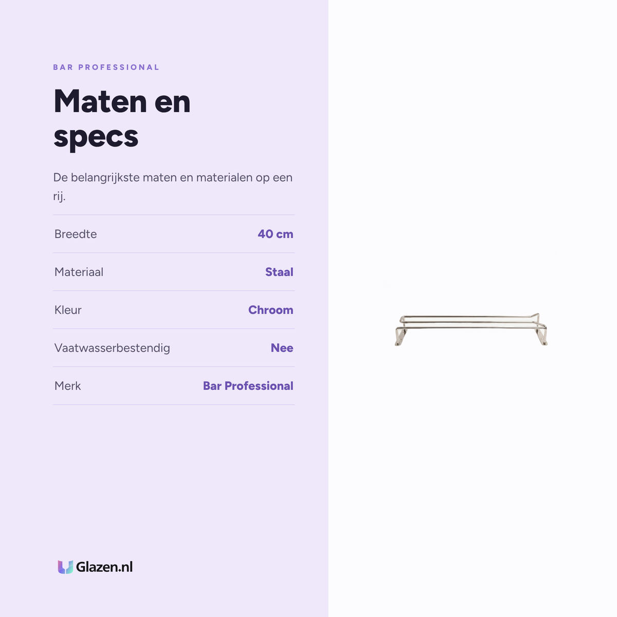 Maten en specificaties van de Bar Professional Glazenrek Chroom 40 Cm