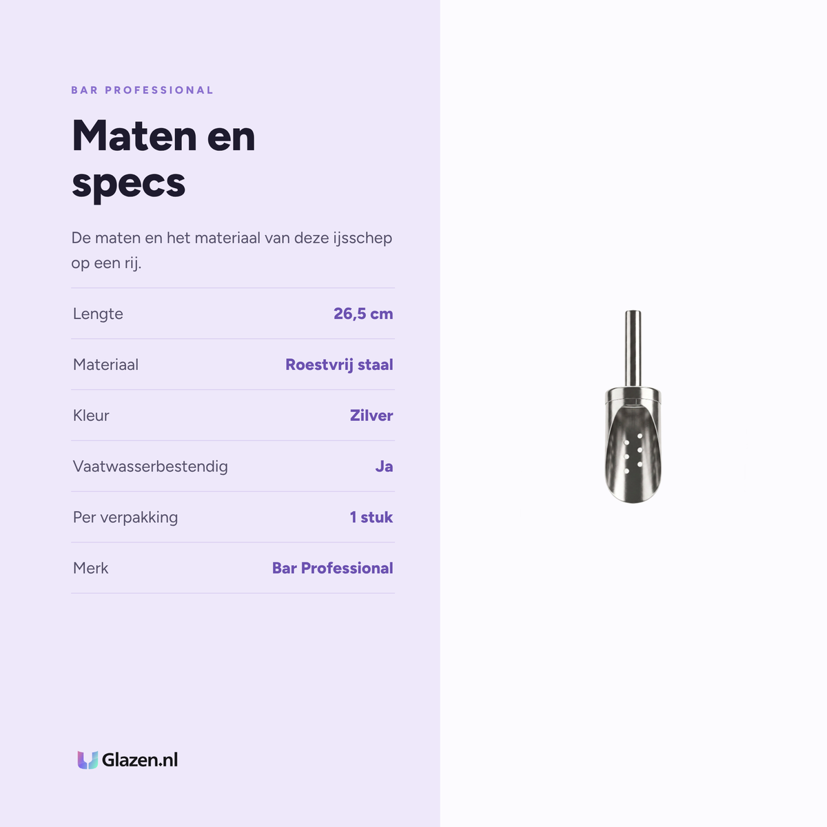 Maten en specificaties van de Bar Professional IJsschep Geperforeerd RVS