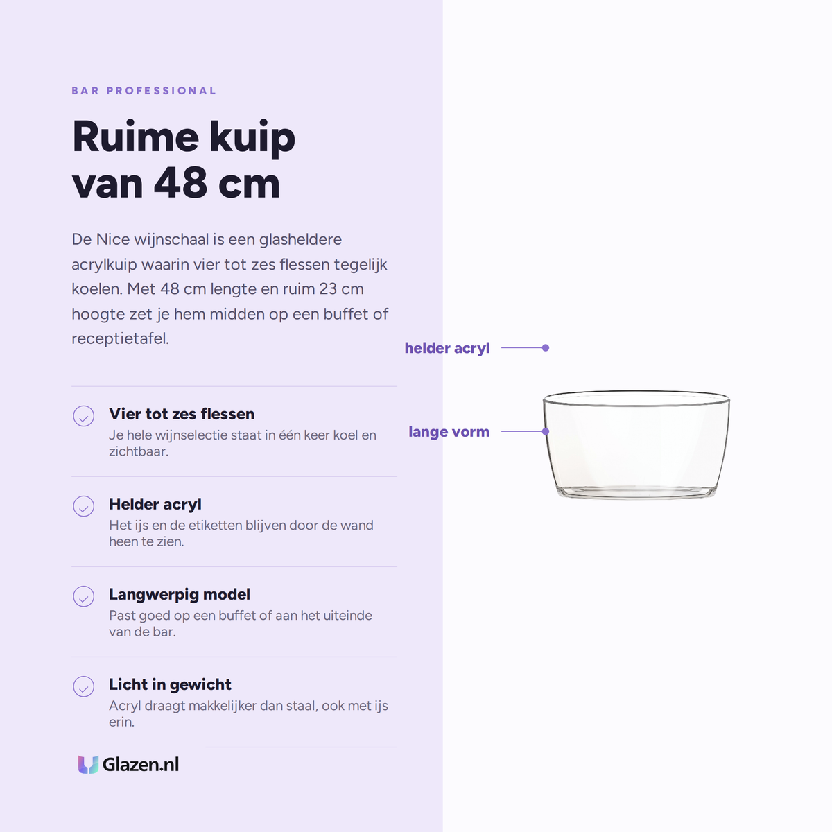 Infographic met de eigenschappen van Bar Professional Nice Wijnschaal Transparant 48 Cm