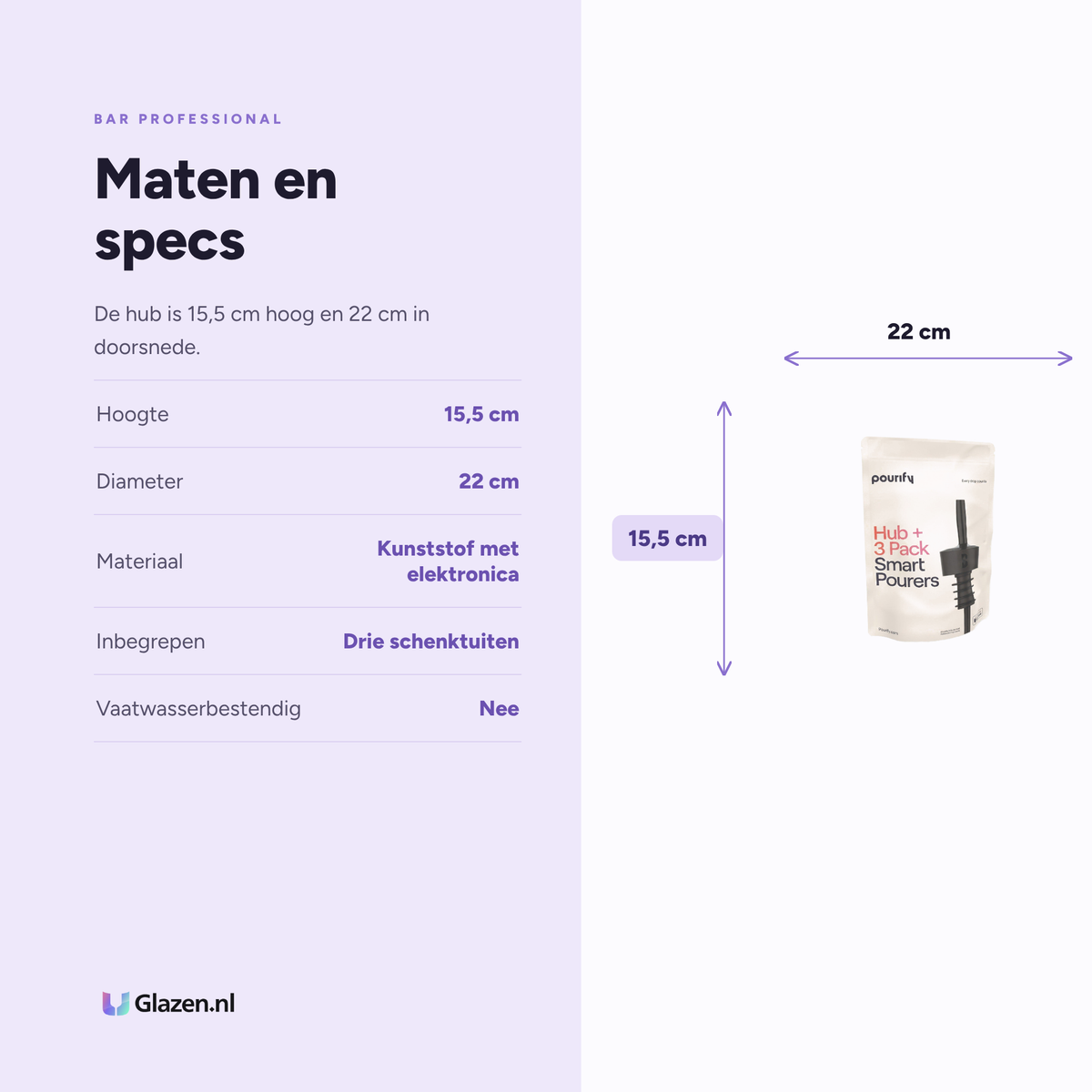 Maten en specificaties van Pourify Hub Met 3 Smart Schenktuiten van Bar Professional