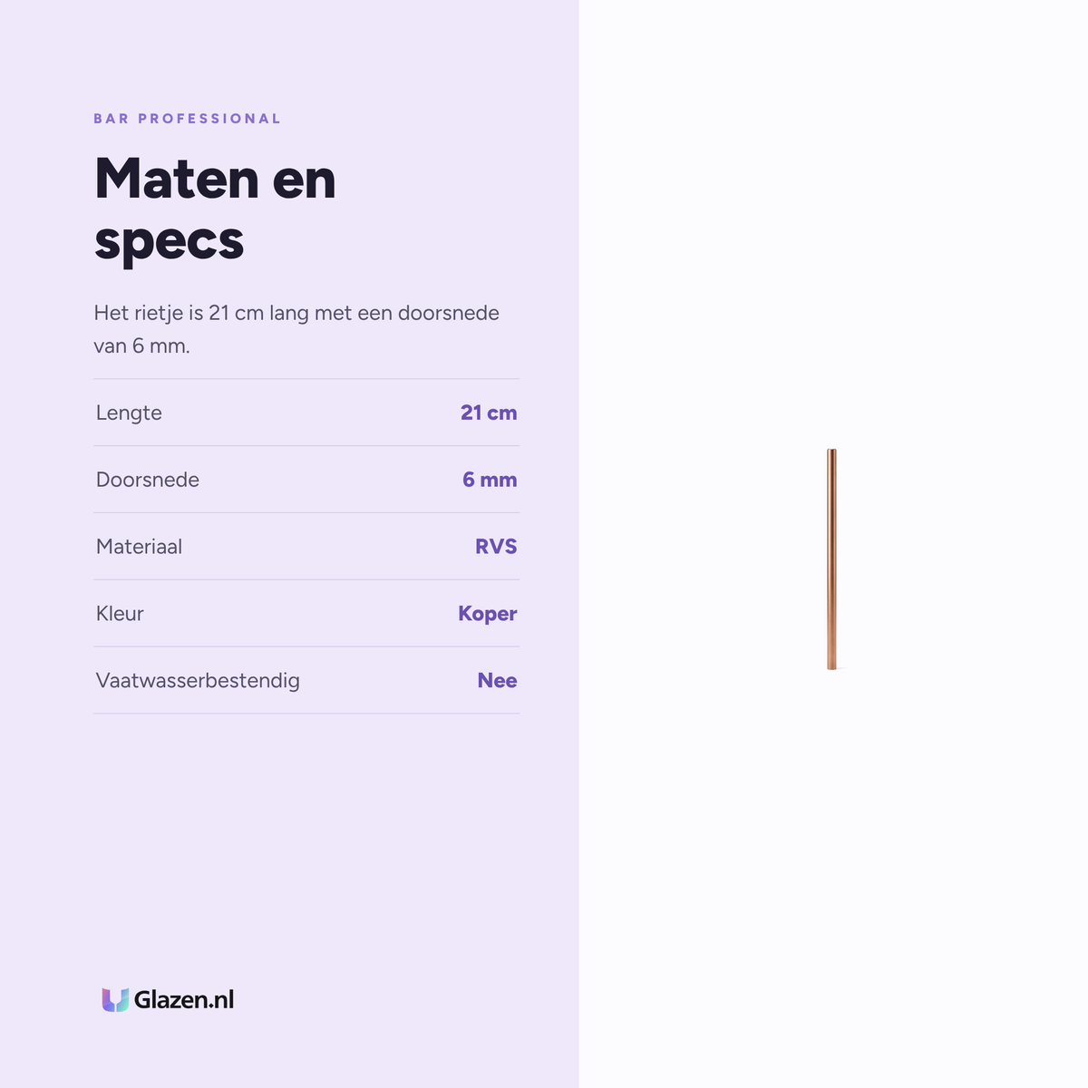 Maten en specificaties van Rietje Recht Koper 6 Mm 21 Cm van Bar Professional