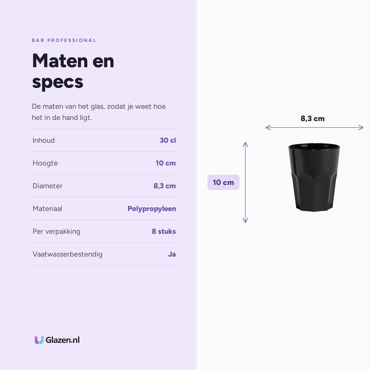 Maten en specs van de Bar Professional Rox Onbreekbaar Glas Zwart 30 Cl - 8 Stuks