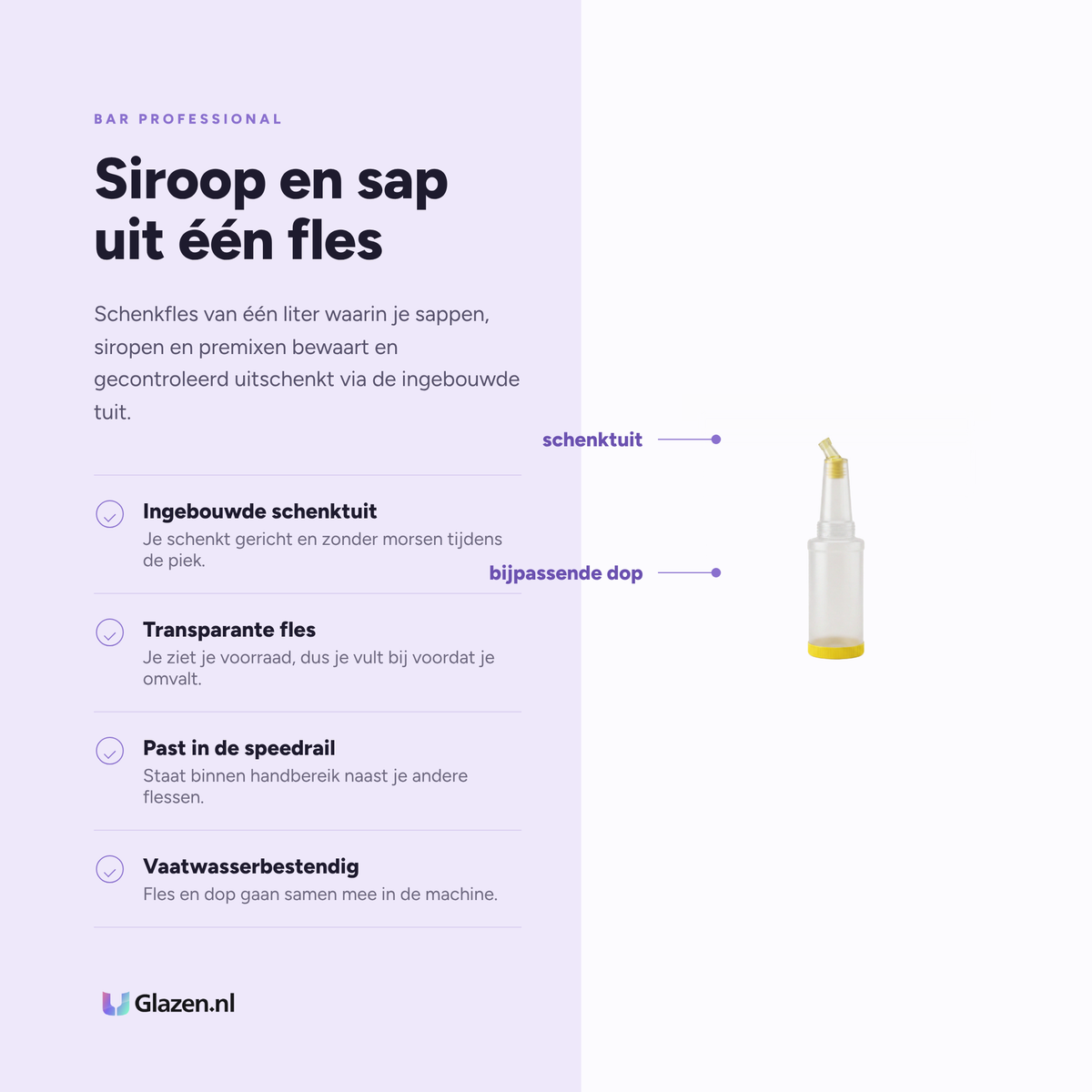 Infographic met de eigenschappen van Bar Professional Save and Pour Schenkfles 1 Liter