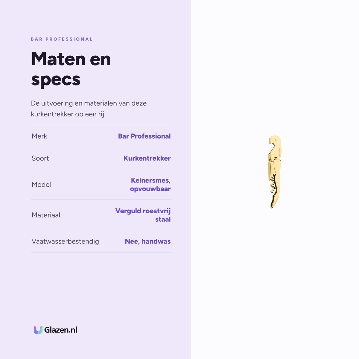 Maten en specs van de Bar Professional sommelier kurkentrekker goud