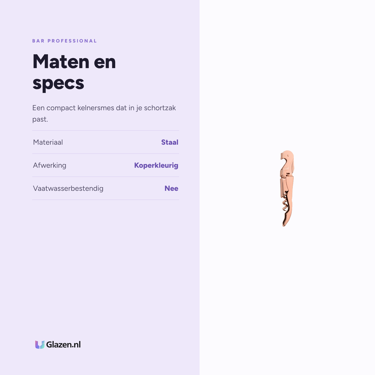 Maten en specificaties van de Bar Professional Sommelier kurkentrekker koper