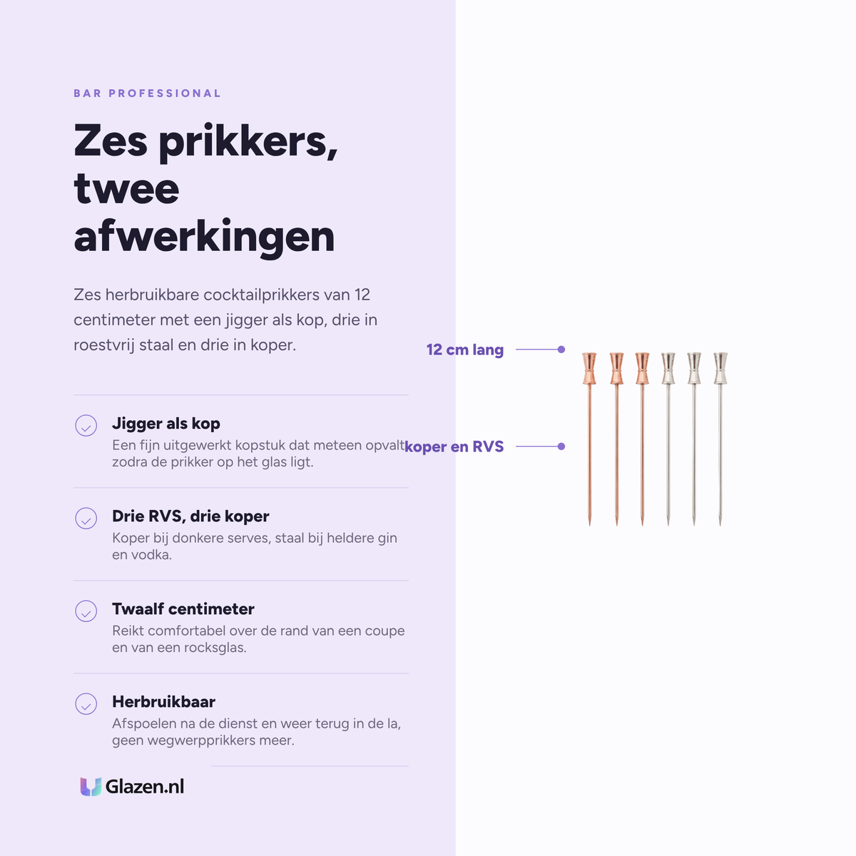 Infographic met de eigenschappen van Bar Professional Speakeasy Cocktailprikkers Jigger RVS en Koper 6-Delig