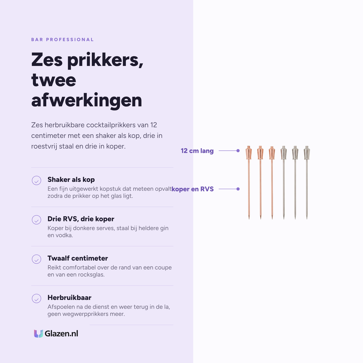 Infographic met de eigenschappen van Bar Professional Speakeasy Cocktailprikkers Shaker RVS en Koper 6-Delig