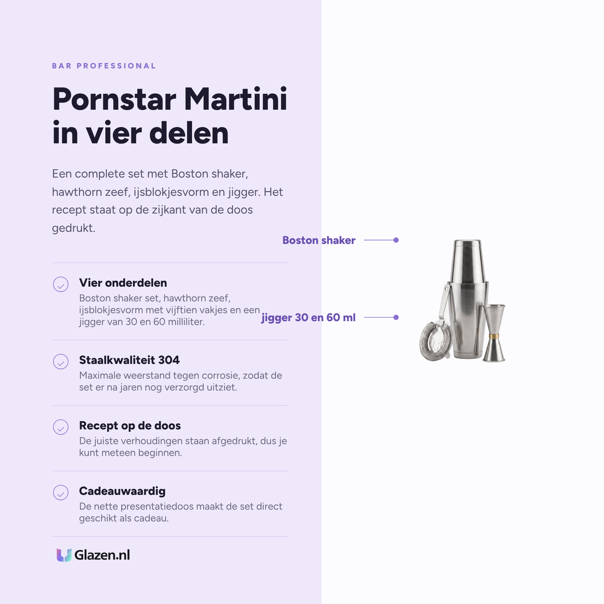 Eigenschappen van de Bar Professional Speakeasy Pornstar Martini cocktailset 4-delig