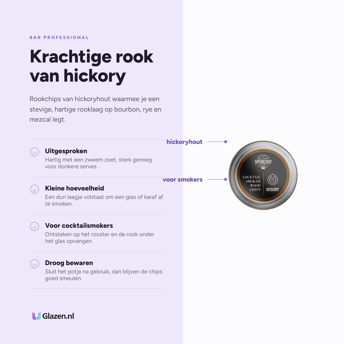 Infographic met de eigenschappen van Bar Professional Speakeasy Rookchips Hickory