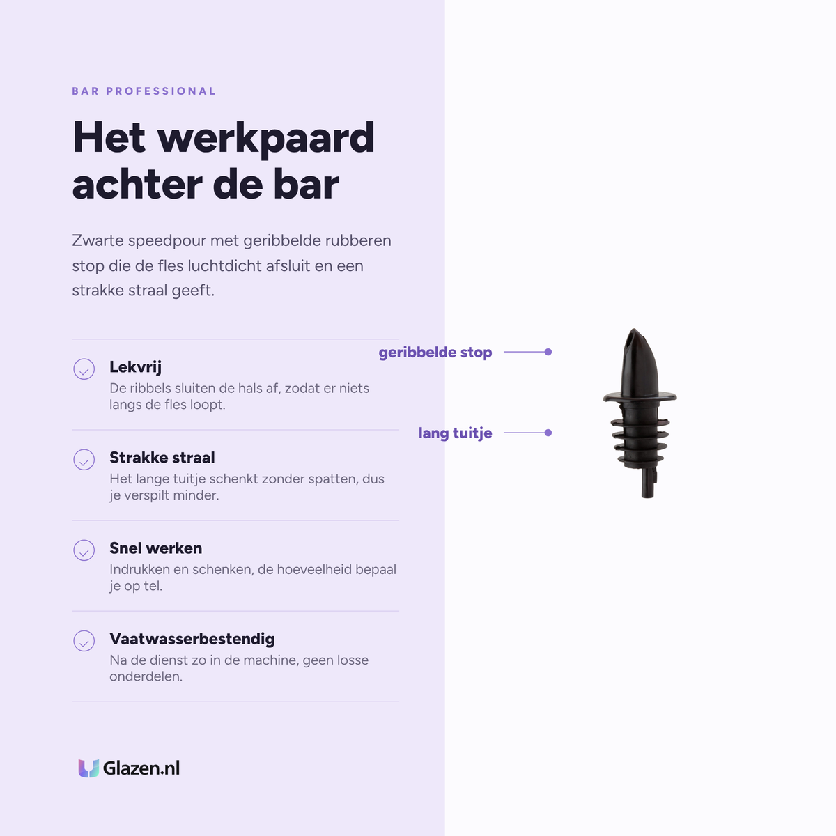 Infographic met de eigenschappen van Bar Professional Speedpour Schenktuit Zwart - 6 Stuks