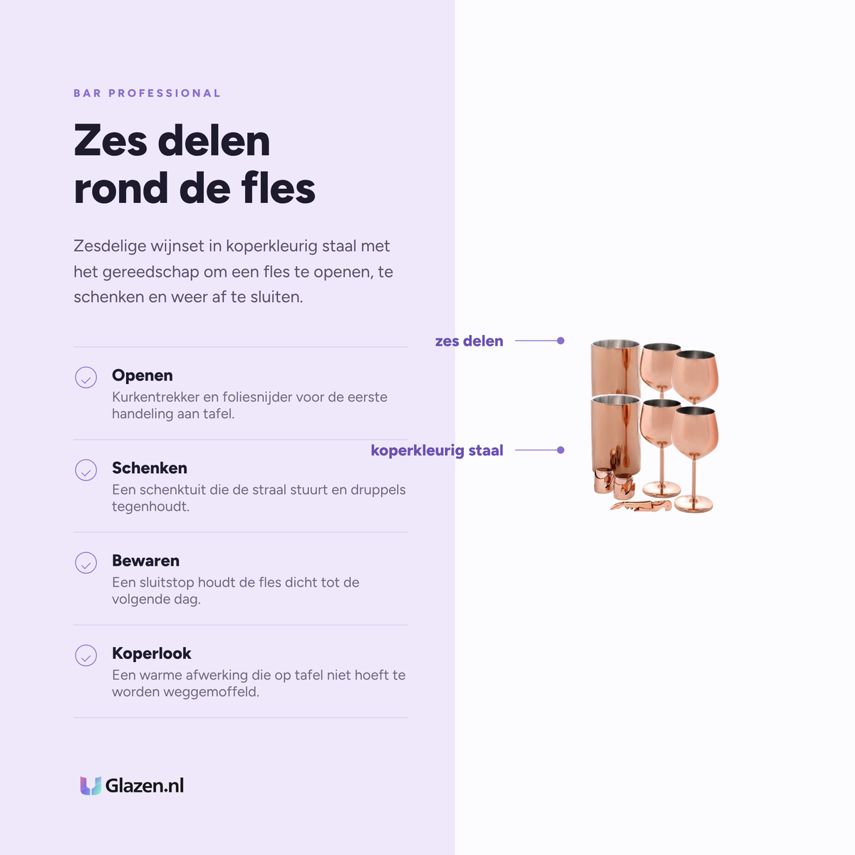Infographic met de eigenschappen van Bar Professional Veneto Wijnset Koper 6-Delig