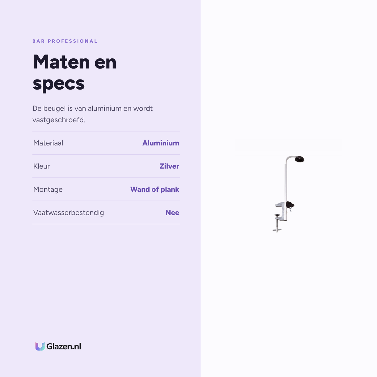 Maten en specificaties van Wandbeugel Voor Schenkmaat Aluminium van Bar Professional