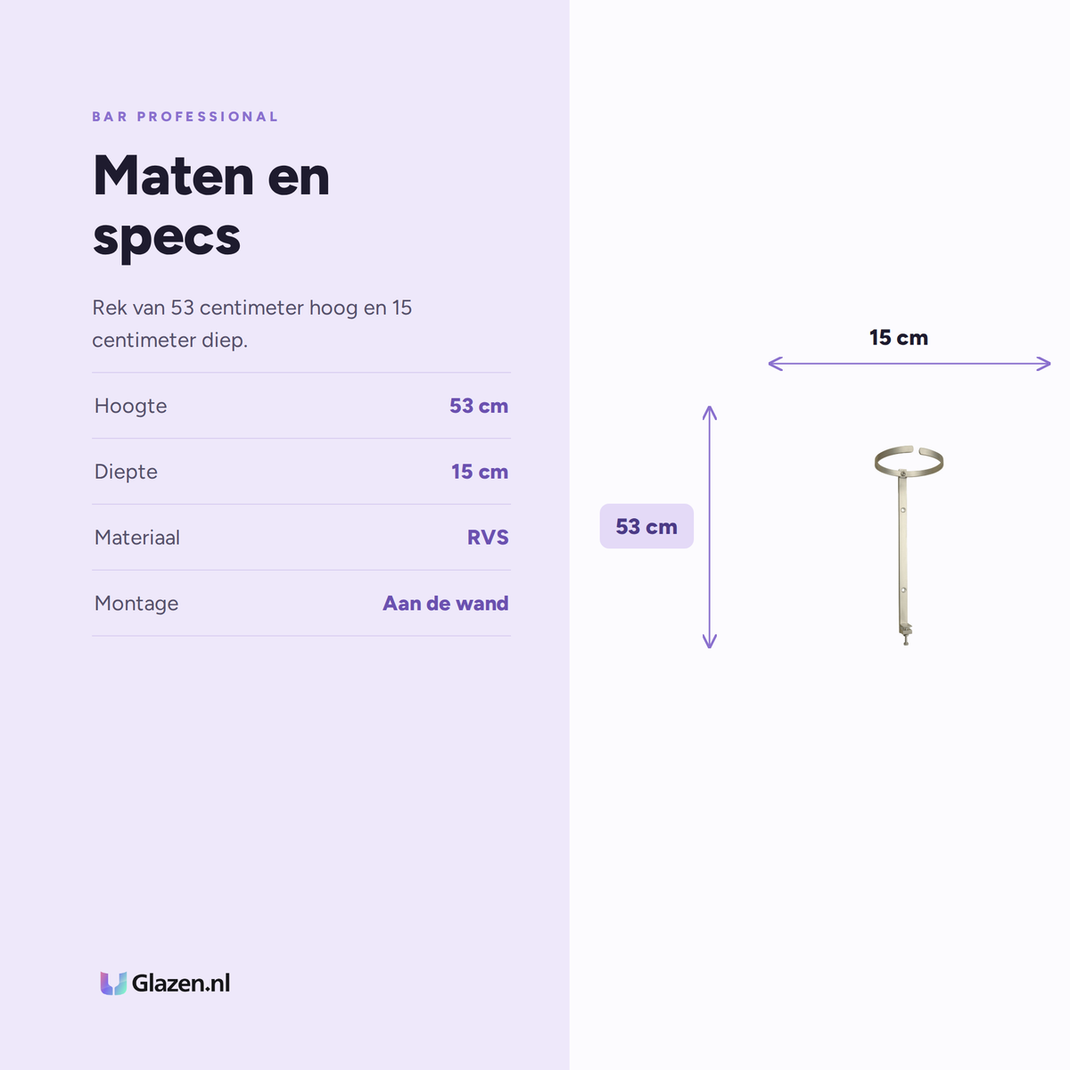 Maten en specificaties van het ronde wandflessenrek van RVS van Bar Professional