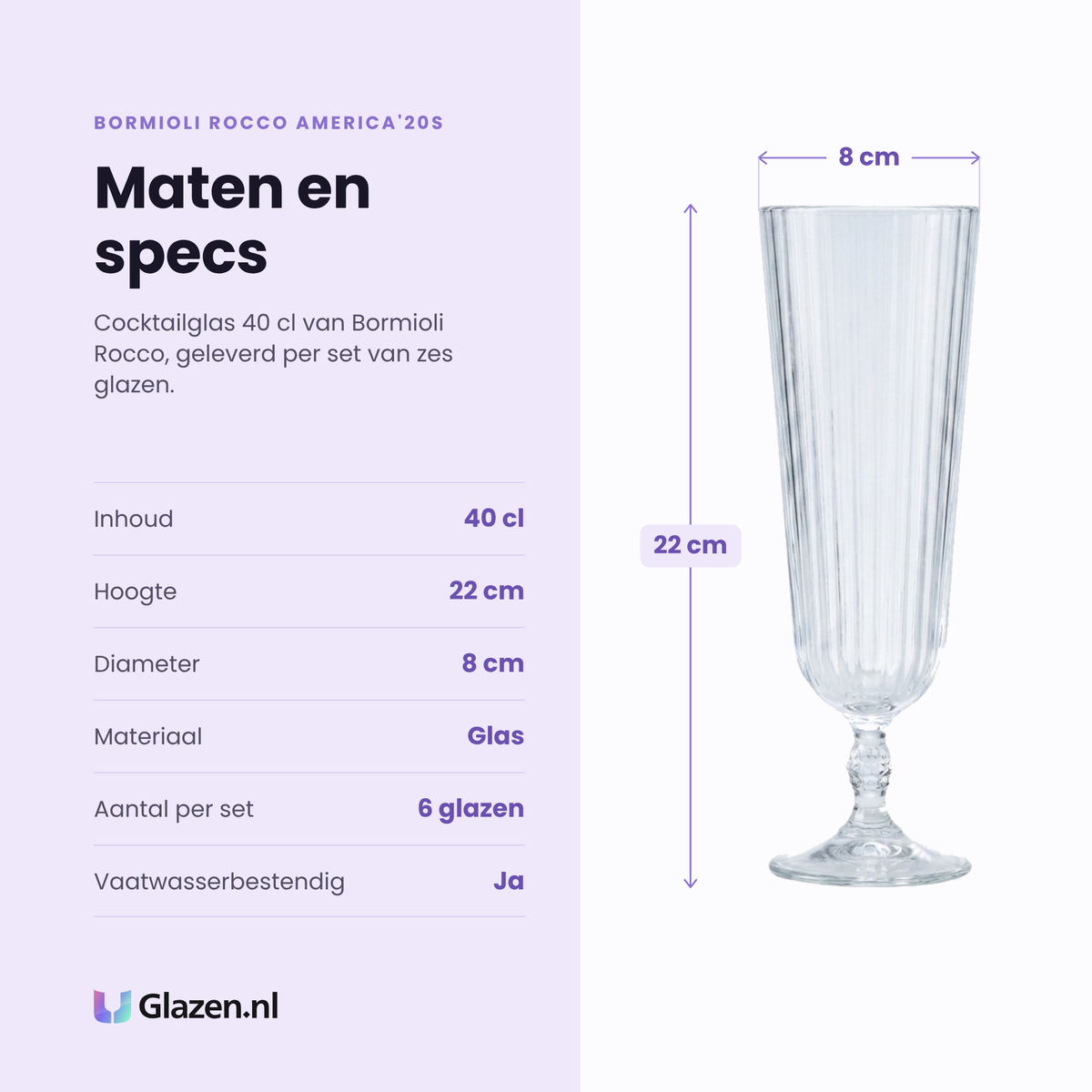 Bormioli Rocco America'20s cocktailglas 40 cl specificaties: inhoud 40 cl, hoogte 22 cm, diameter 8 cm, glas, set van 6