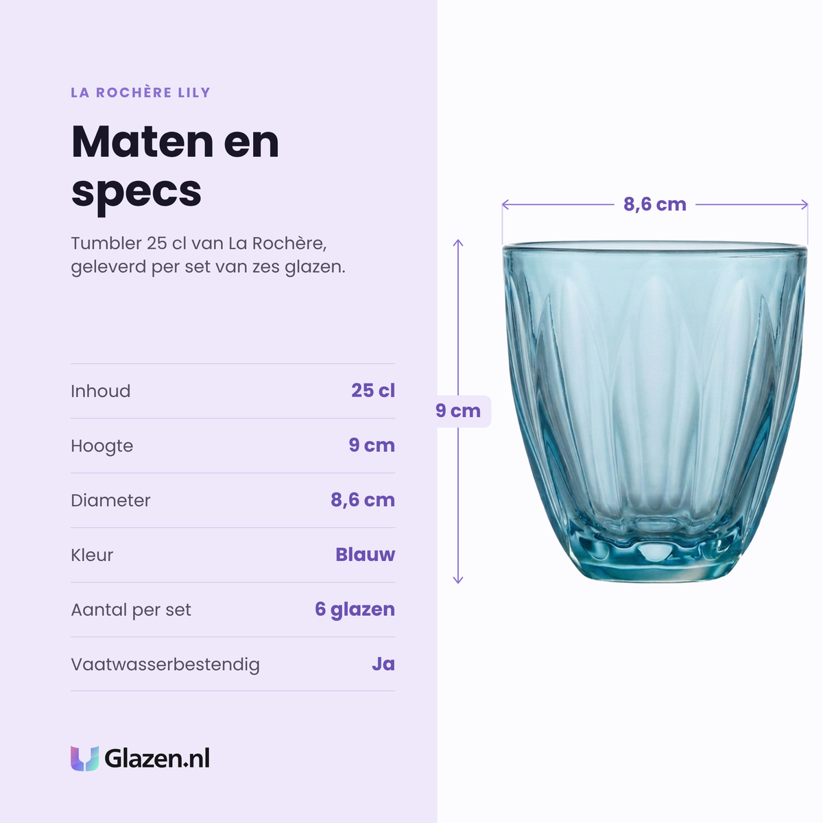 La Rochère Lily tumbler 25 cl specificaties: inhoud 25 cl, hoogte 9 cm, diameter 8,6 cm, blauw, set van 6