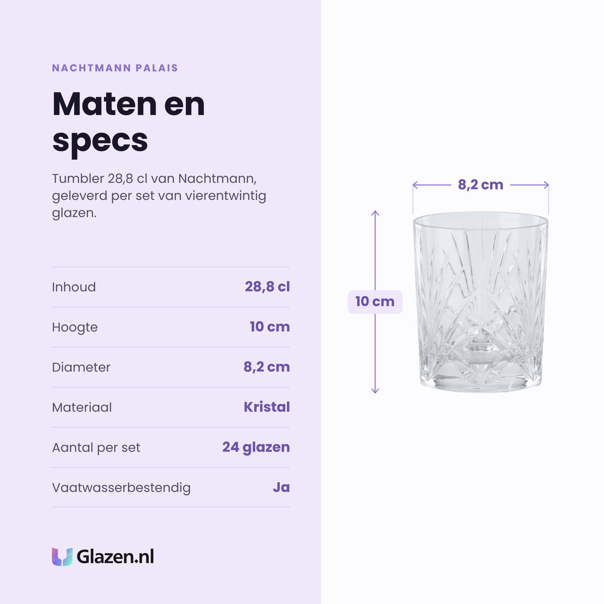 Nachtmann Palais tumbler 28,8 cl specificaties: inhoud 28,8 cl, hoogte 10 cm, diameter 8,2 cm, kristal, set van 24