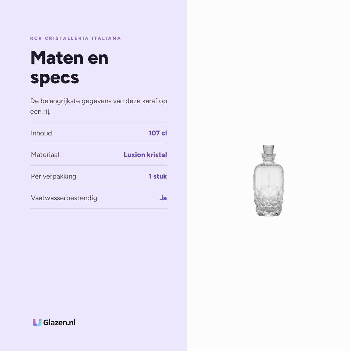 Maten en specs van de RCR Alkemist Likeurkaraf 107 Cl