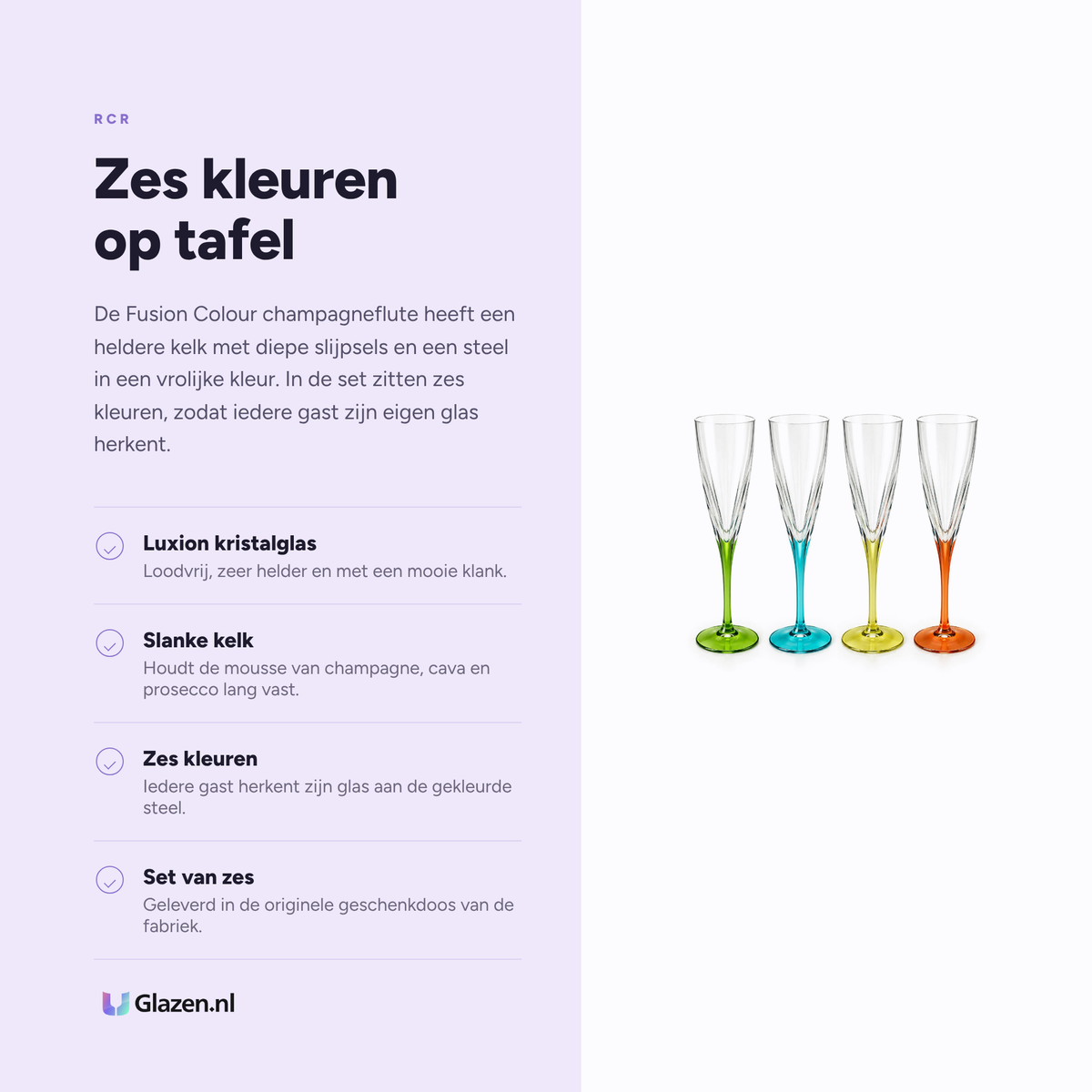 Infographic met de eigenschappen van RCR Fusion Colour champagneglas 17 cl multicolor