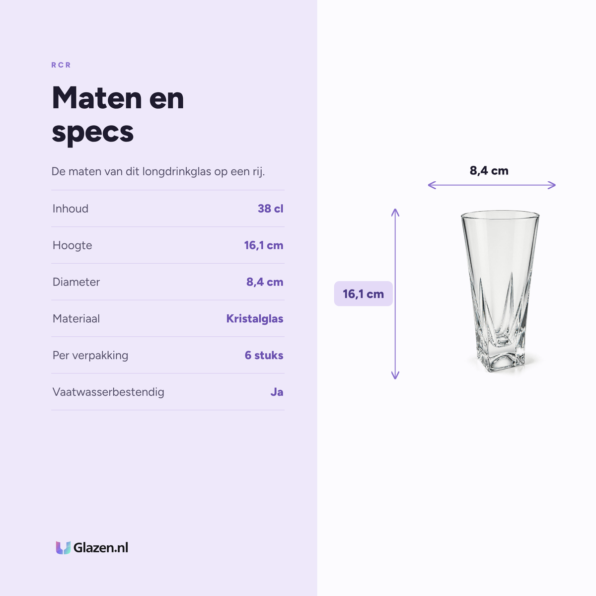 Maten en specificaties van RCR Fusion Longdrinkglas 38 cl Transparant - 6 Stuks