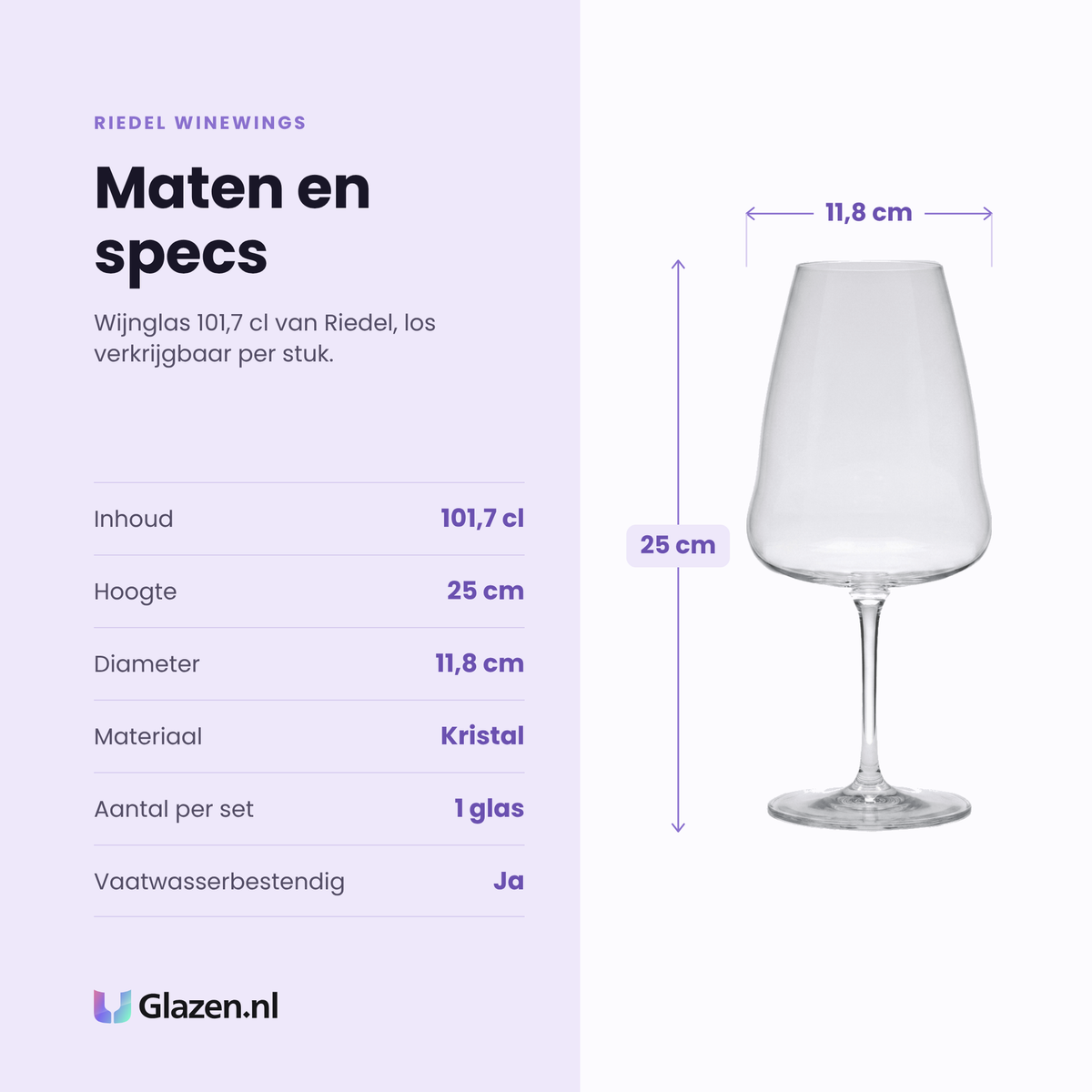 Riedel Winewings wijnglas 101,7 cl specificaties: inhoud 101,7 cl, hoogte 25 cm, diameter 11,8 cm, kristal, los per stuk