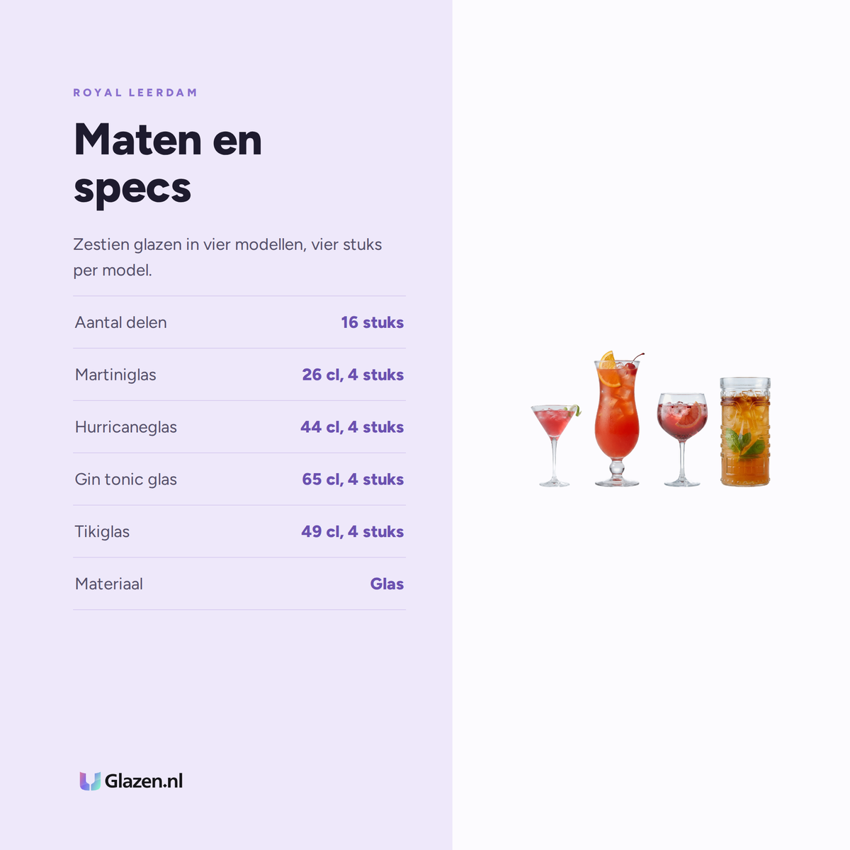Maten en specificaties van de Royal Leerdam Cocktail Partyset 16-Delig (Martini, Hurricane, Gin Tonic & Tiki)