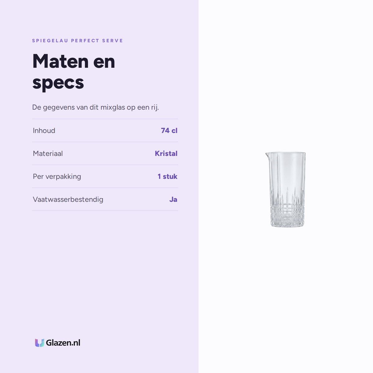 Spiegelau Perfect Serve Collection Mixglas 74 Cl specificaties: inhoud 74 cl, materiaal Kristal, per verpakking 1 stuk, vaatwasserbestendig Ja