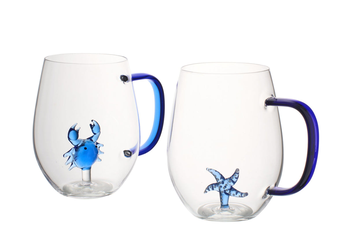 J-Line Starfish/Crab Water Glass with Handle Blue/Transparent Assorted - 2 Pieces