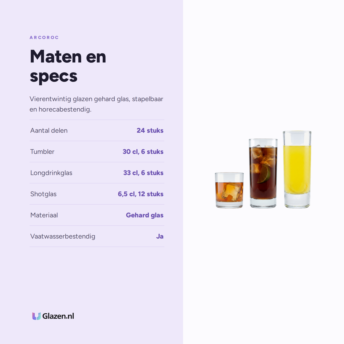 Maten en specificaties van de Arcoroc Islande Horecaset 24-Delig (Tumbler, Longdrink & Shot)