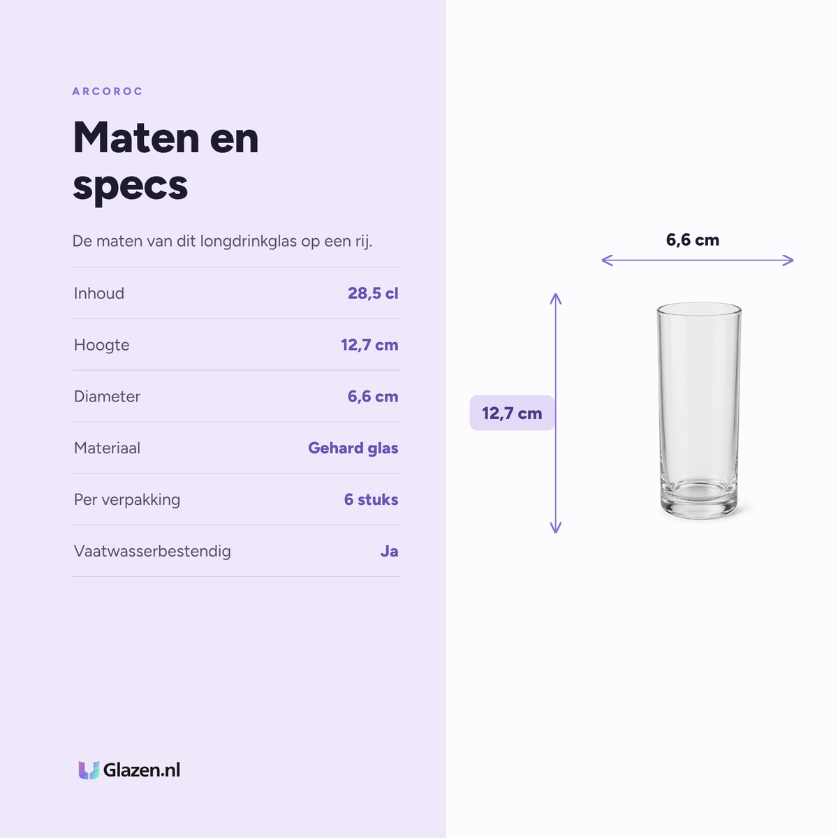 Maten en specificaties van Arcoroc Princesa Longdrinkglas 28,5 cl Transparant - 6 Stuks