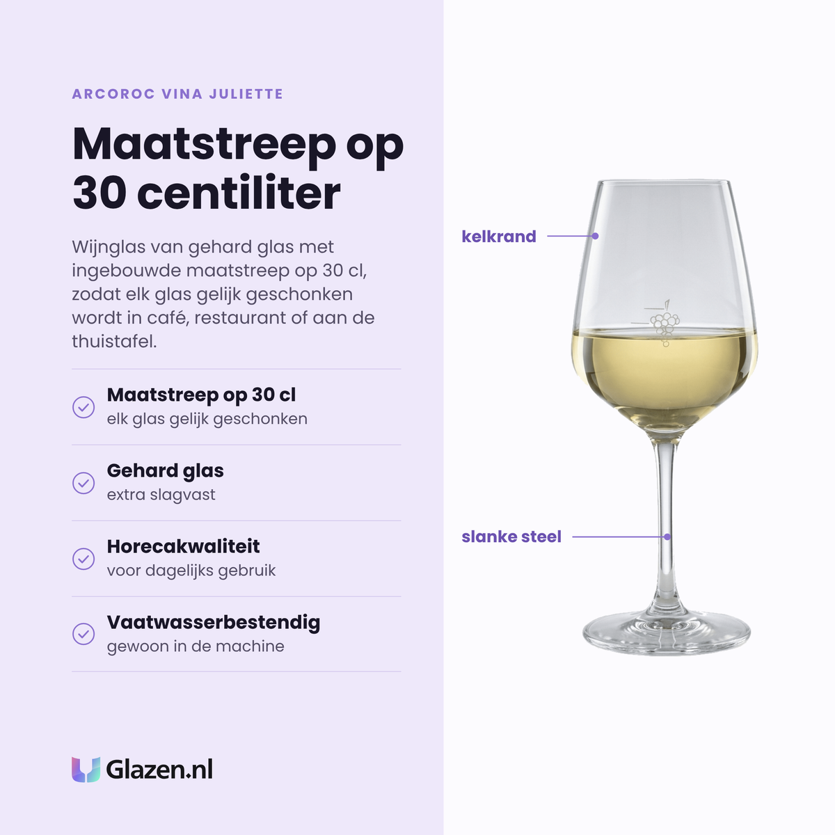Arcoroc Vina Juliette wijnglas 30 cl eigenschappen: maatstreep op 30 cl, gehard glas extra slagvast, horecakwaliteit, vaatwasserbestendig