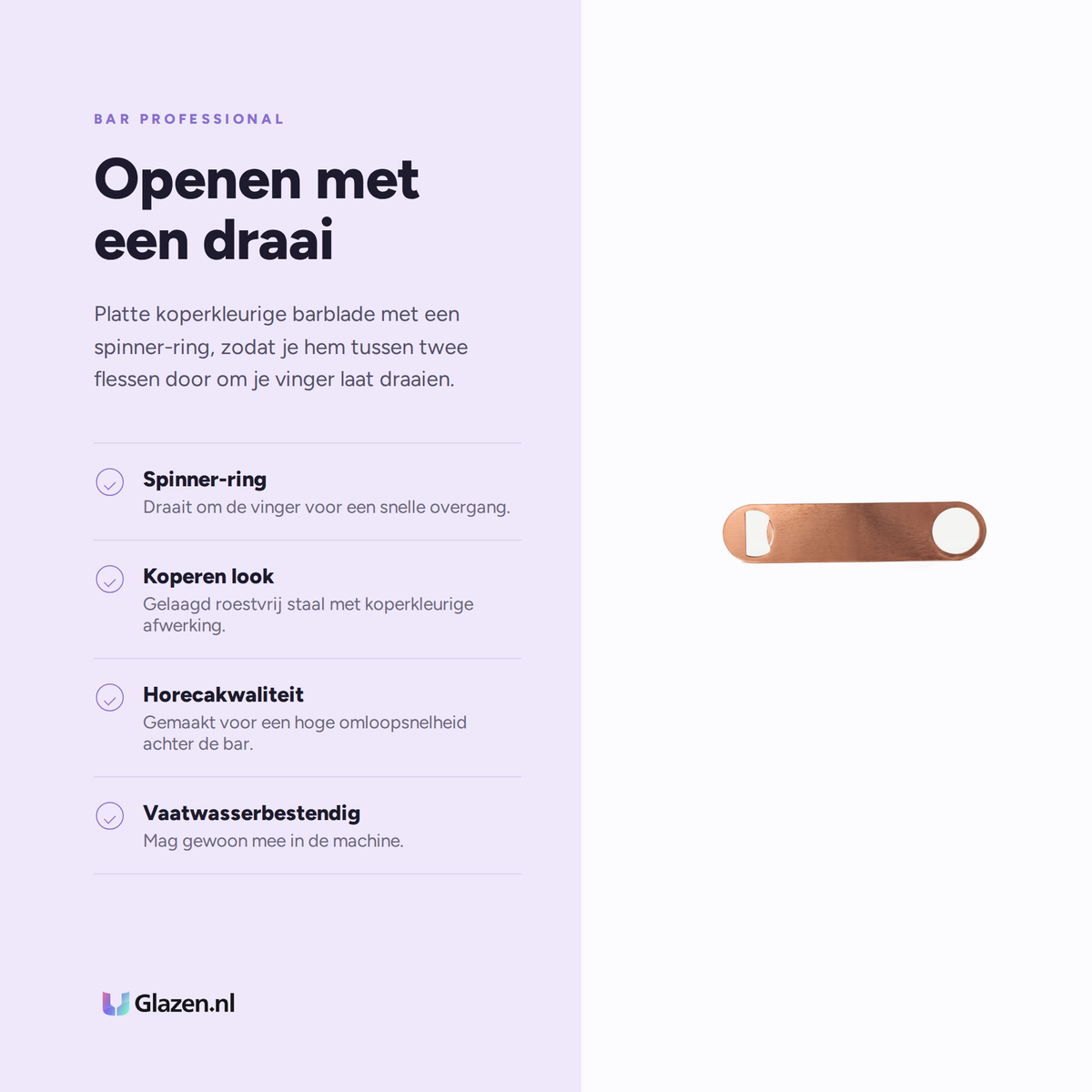 Infographic met de eigenschappen van Bar Professional Barblade Flesopener Koper
