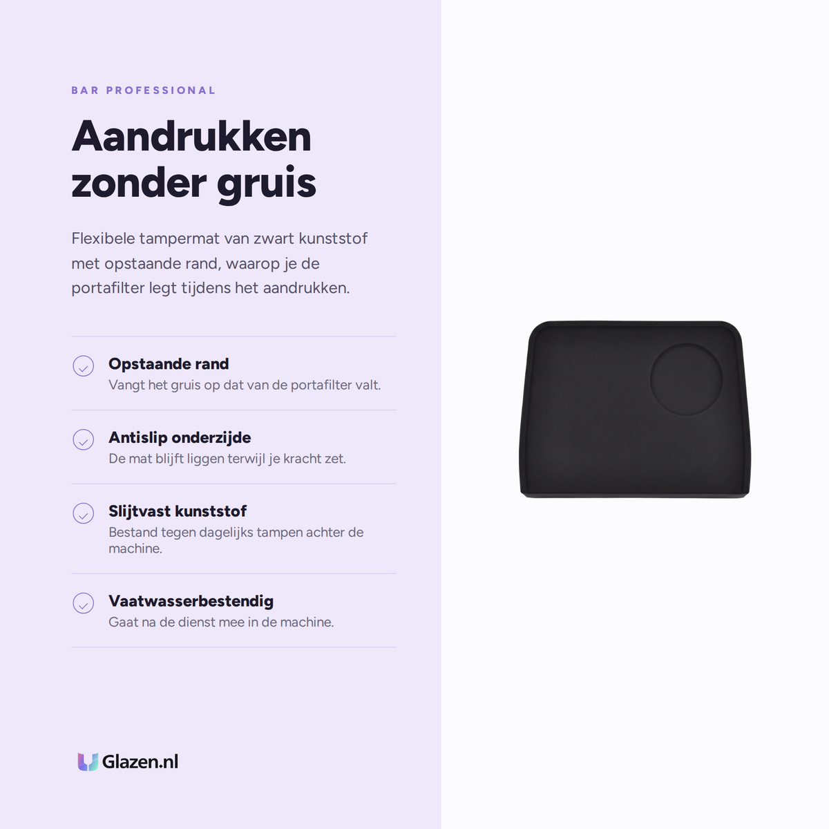 Infographic met de eigenschappen van Bar Professional Barista Tampermat Zwart