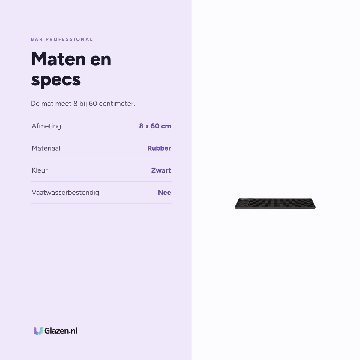 Maten en specificaties van Barmat Rubber Zwart 8x60 Cm van Bar Professional
