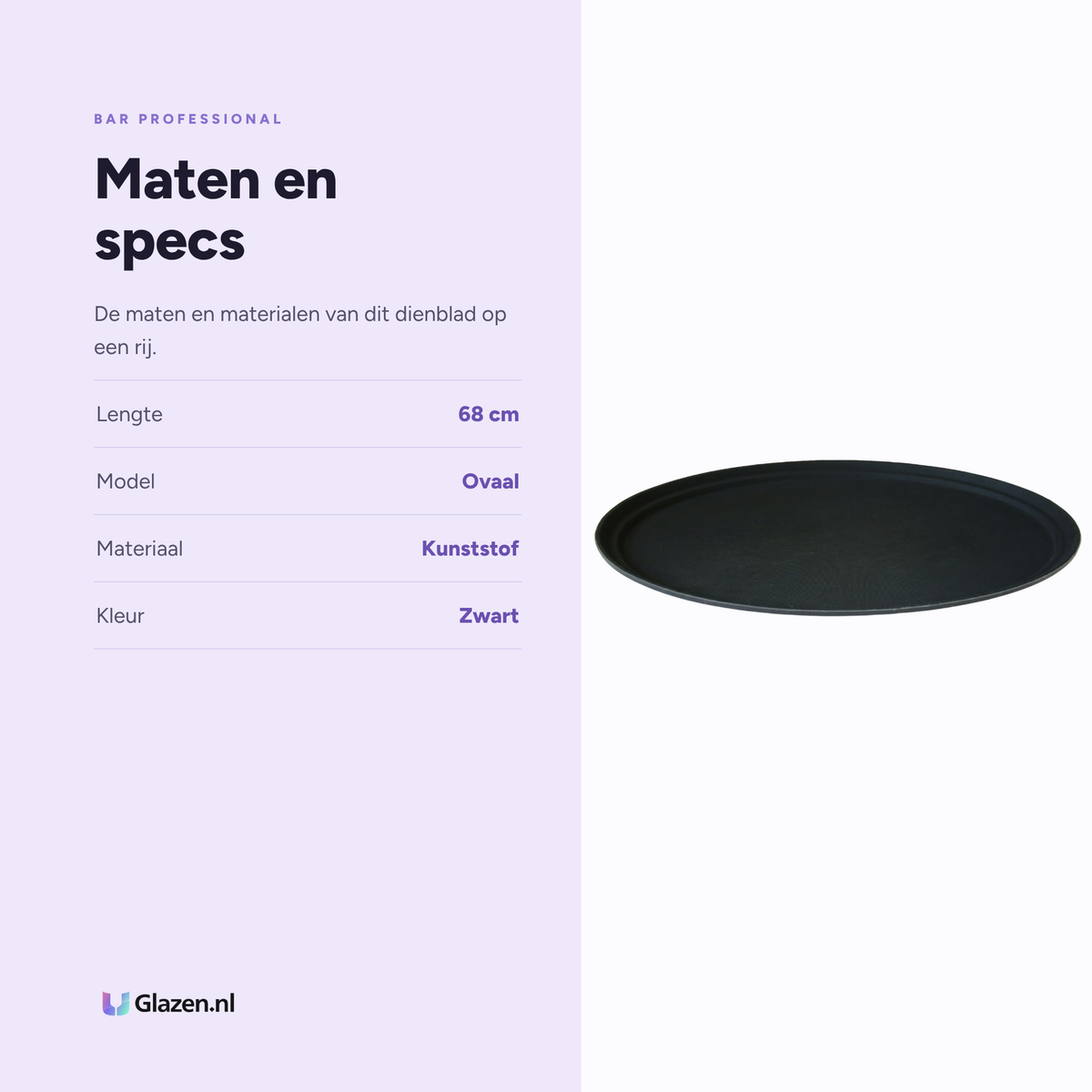 Bar Professional Dienblad Antislip Ovaal Zwart 68 cm specificaties: lengte 68 cm, model Ovaal, materiaal Kunststof, kleur Zwart