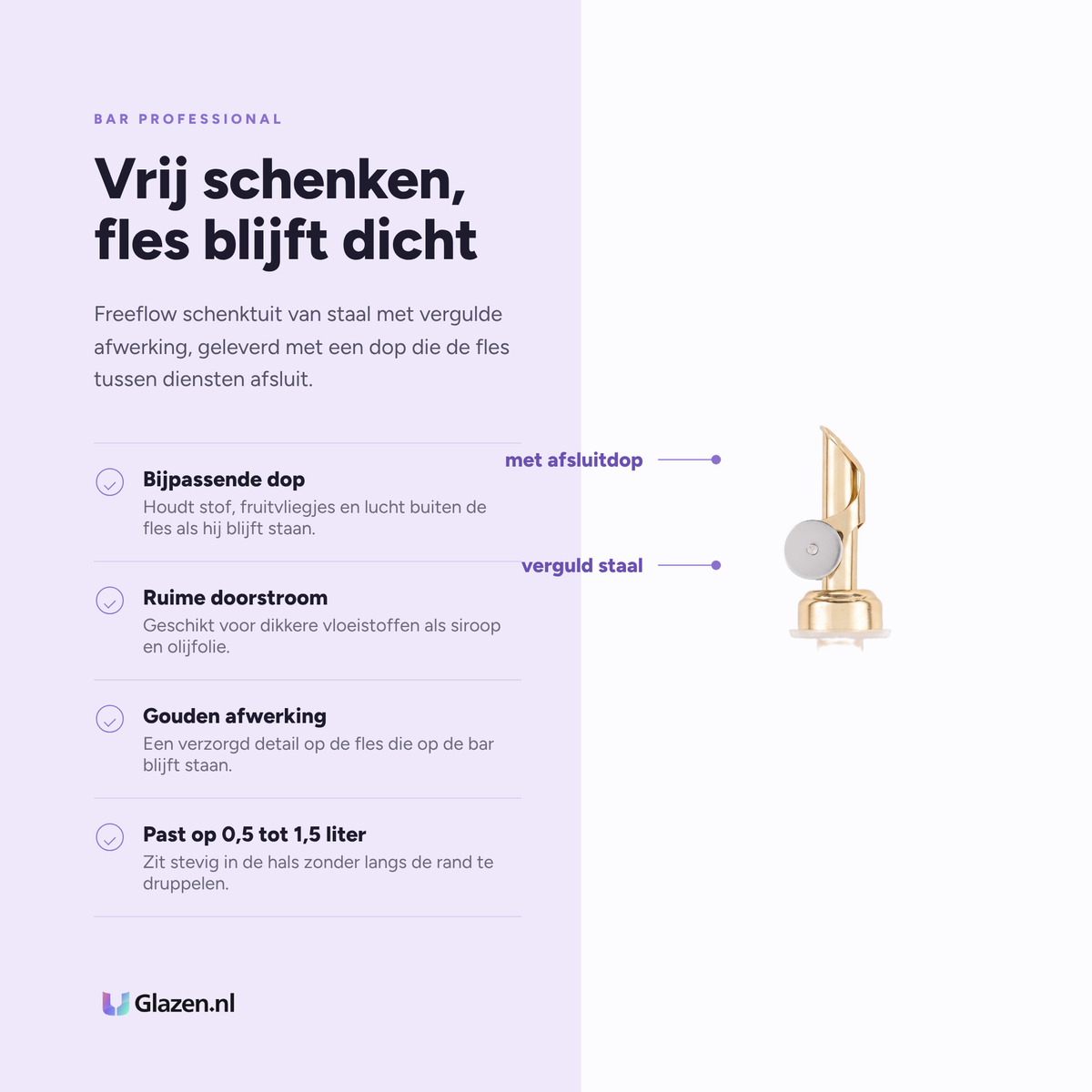 Infographic met de eigenschappen van Bar Professional Freeflow Schenktuit met Dop Goud - 2 Stuks