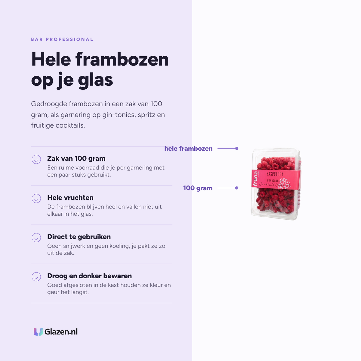 Infographic met de eigenschappen van de gedroogde frambozen van 100 gram