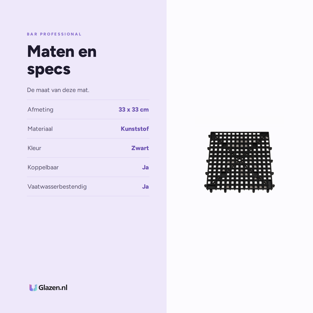 Bar Professional Glazenmat Zwart 33x33 cm maten en specs