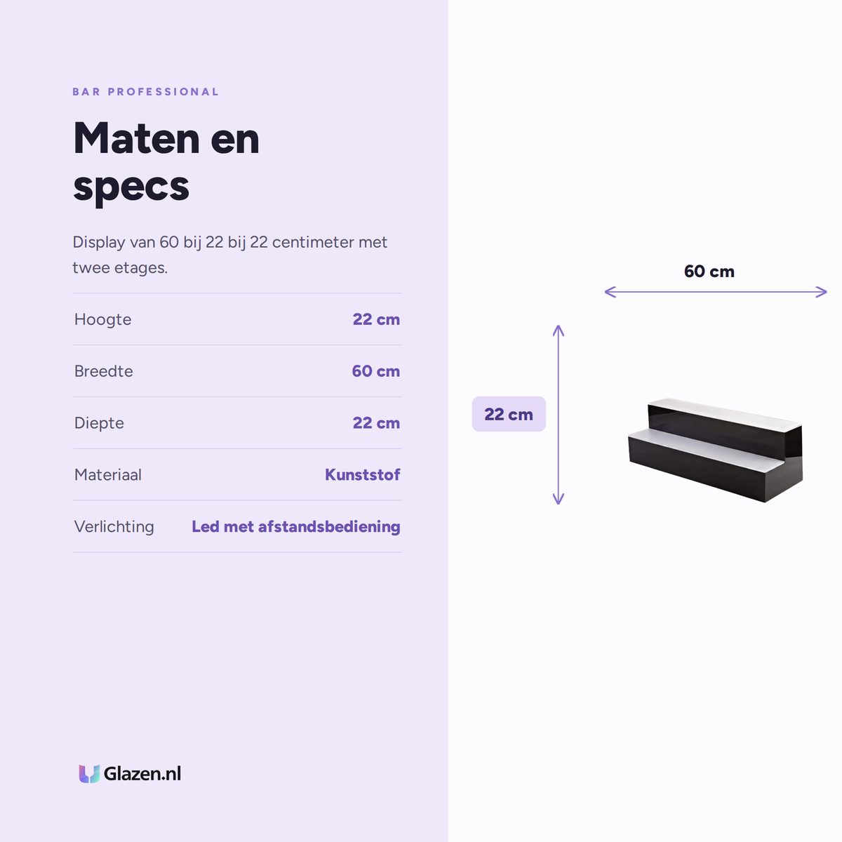 Maten en specificaties van het LED flessendisplay met twee etages van Bar Professional