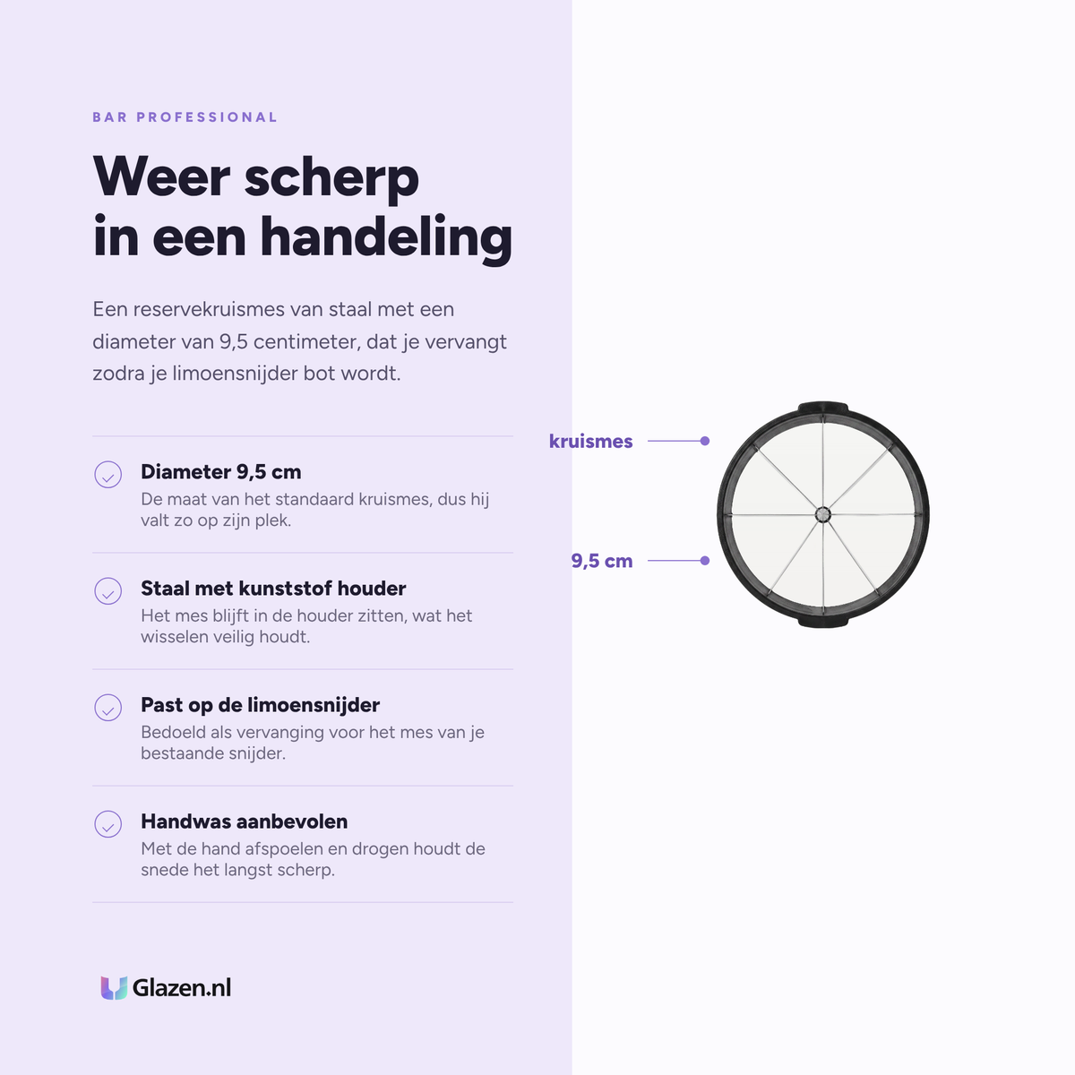 Infographic met de eigenschappen van het reservemes voor de limoensnijder