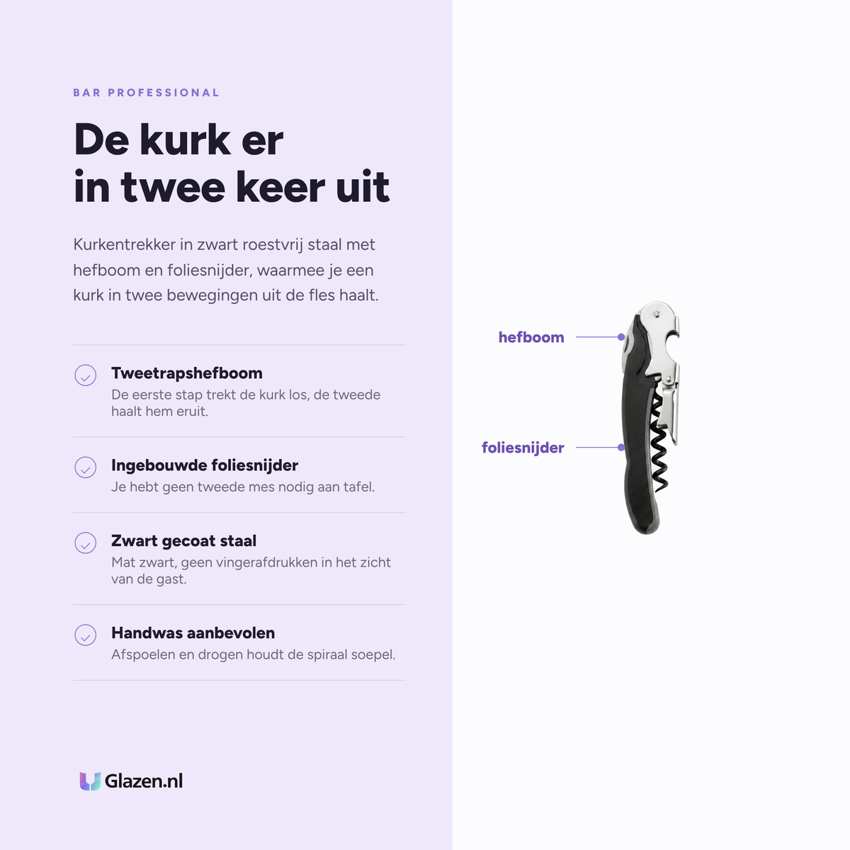 Bar Professional Murano Wijnopener Zwart eigenschappen: tweetrapshefboom, ingebouwde foliesnijder, zwart gecoat staal, handwas aanbevolen