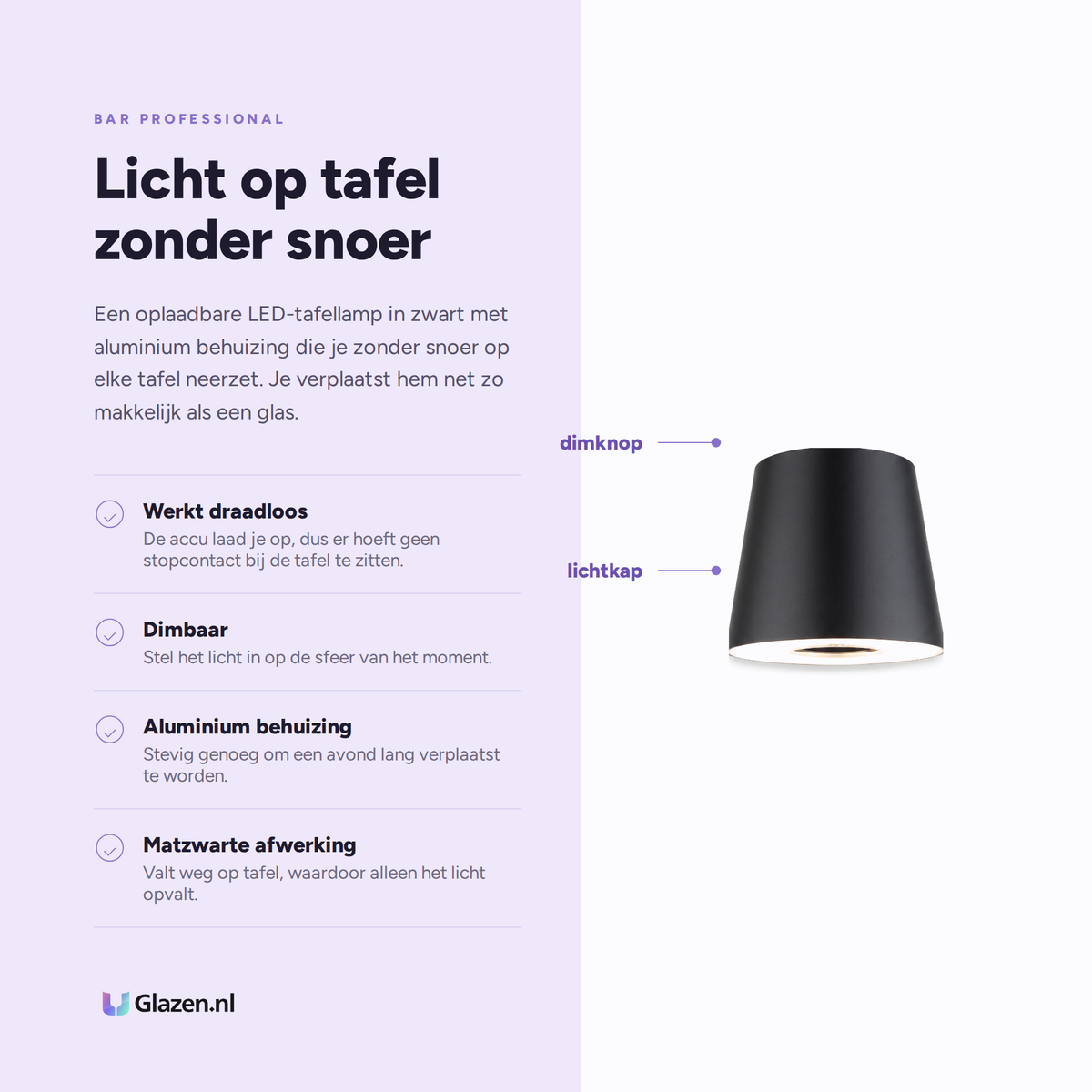 Eigenschappen van Bar Professional Portable LED Tafellamp Zwart