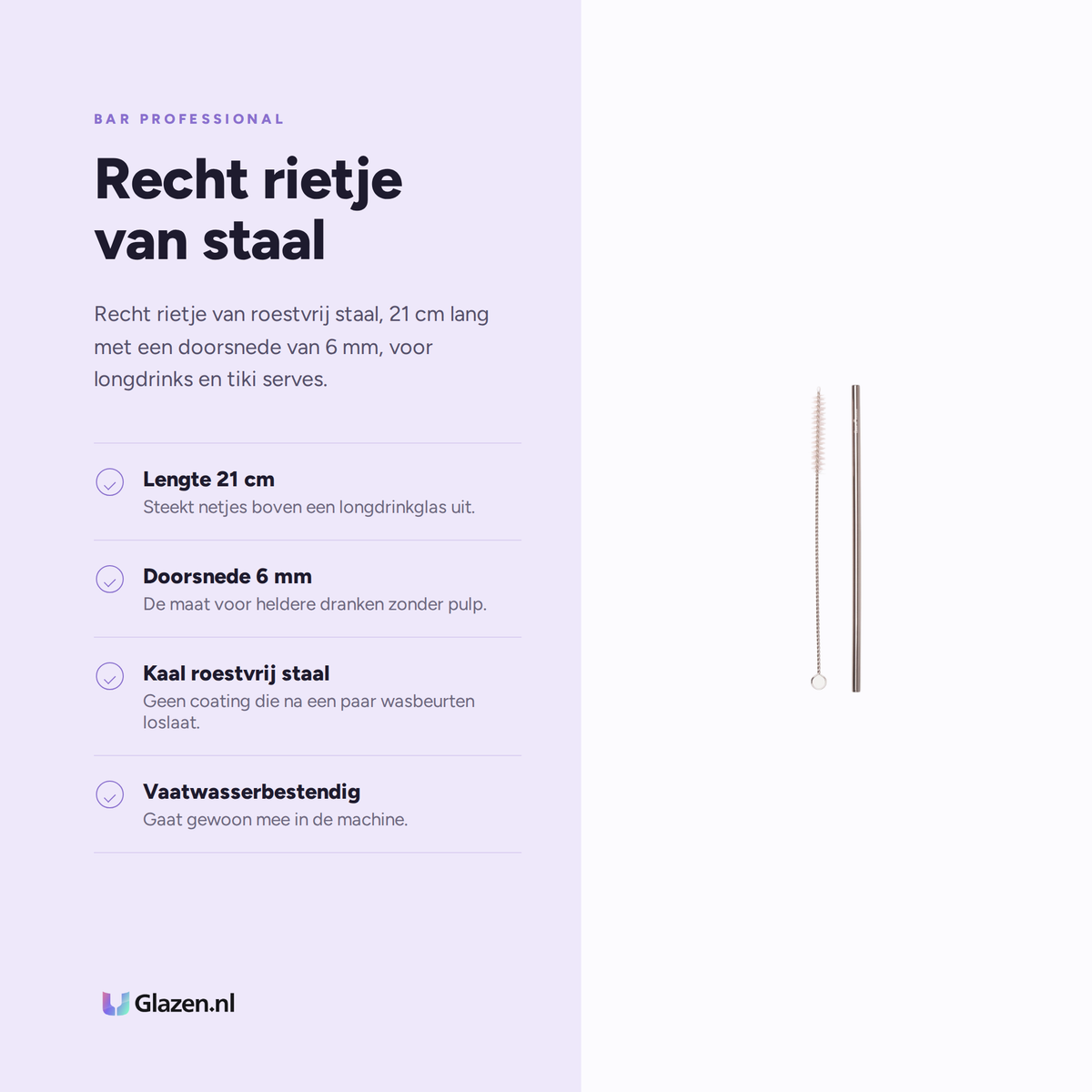 Infographic met de eigenschappen van Bar Professional Rietje RVS Recht 6 Mm 21 Cm
