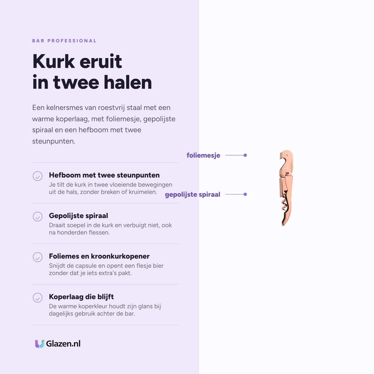 Eigenschappen van de Bar Professional Sommelier kurkentrekker koper