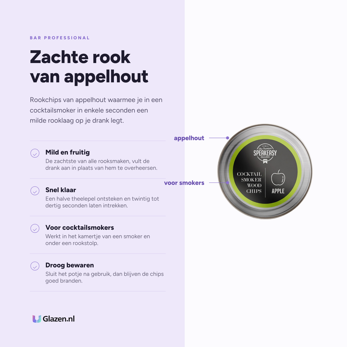 Infographic met de eigenschappen van Bar Professional Speakeasy Rookchips Appel