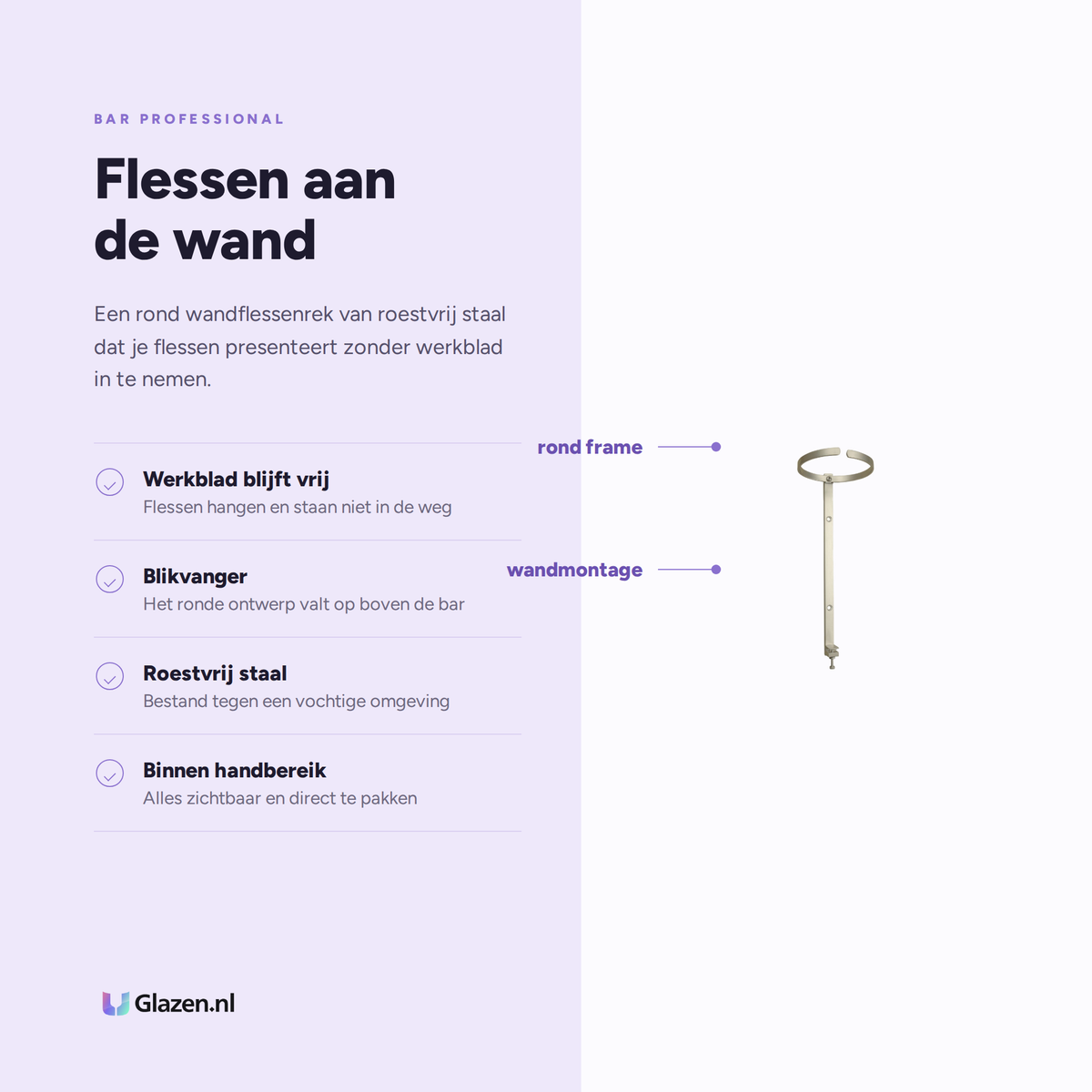 Eigenschappen van het ronde wandflessenrek van RVS van Bar Professional